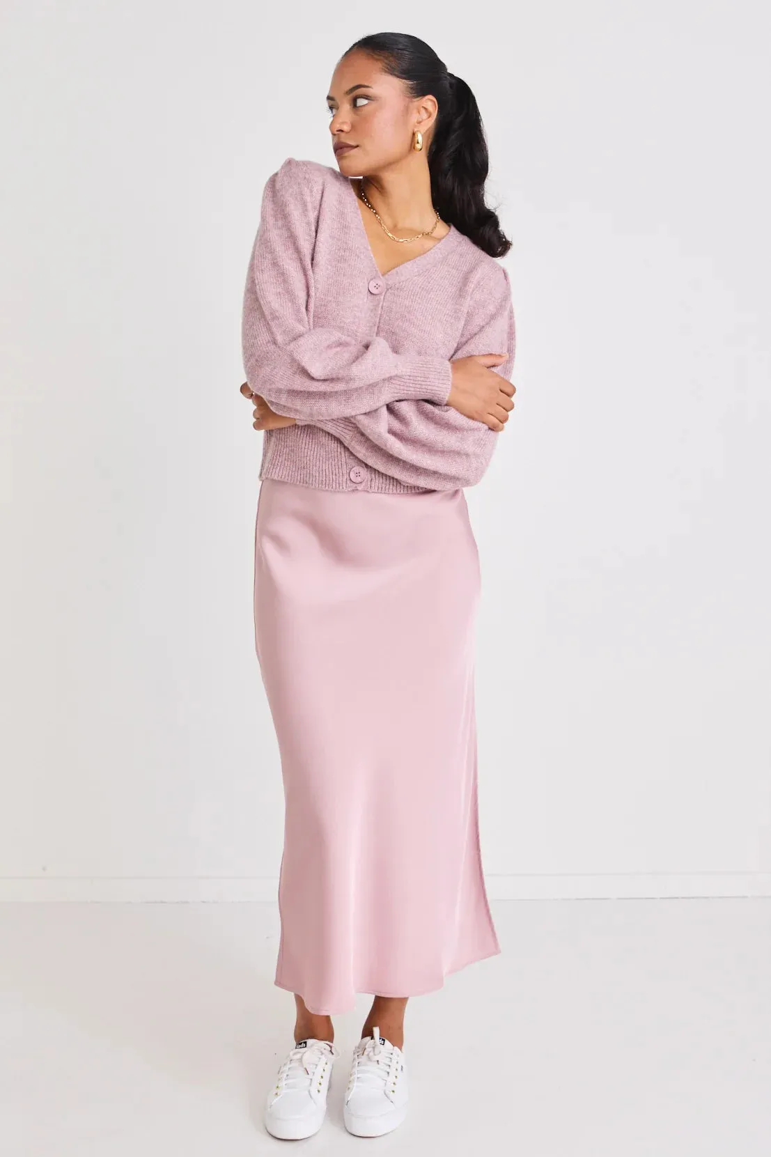 Blush Satin Side Split Bias Midi Skirt