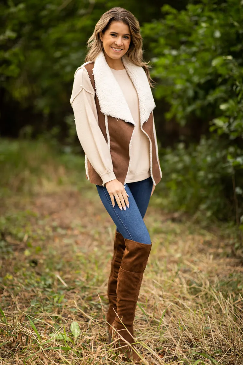 Brown Faux Suede Sherpa Lined Vest