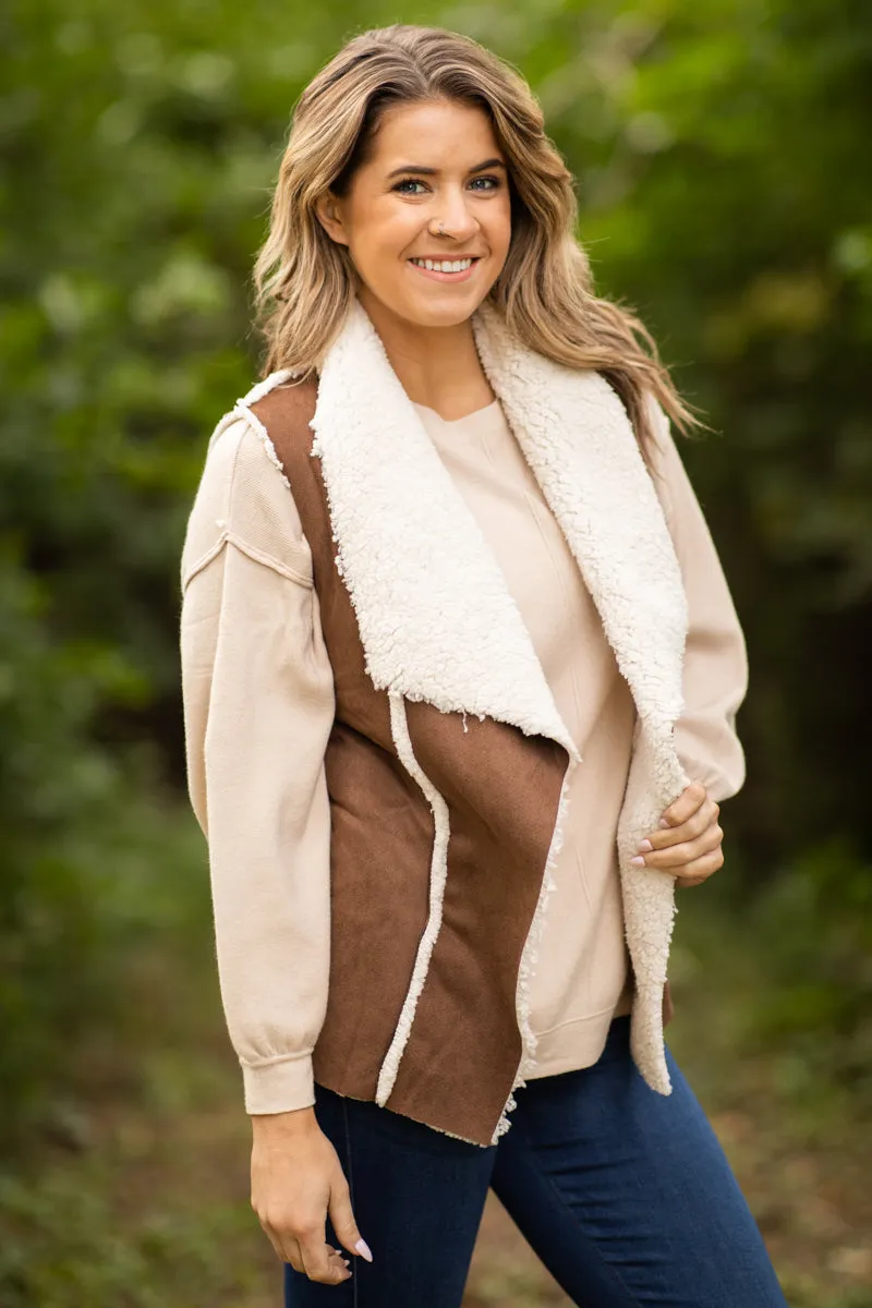 Brown Faux Suede Sherpa Lined Vest
