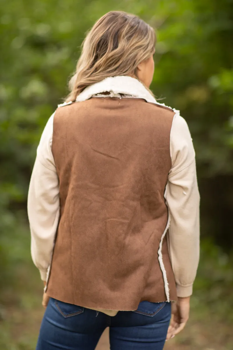 Brown Faux Suede Sherpa Lined Vest