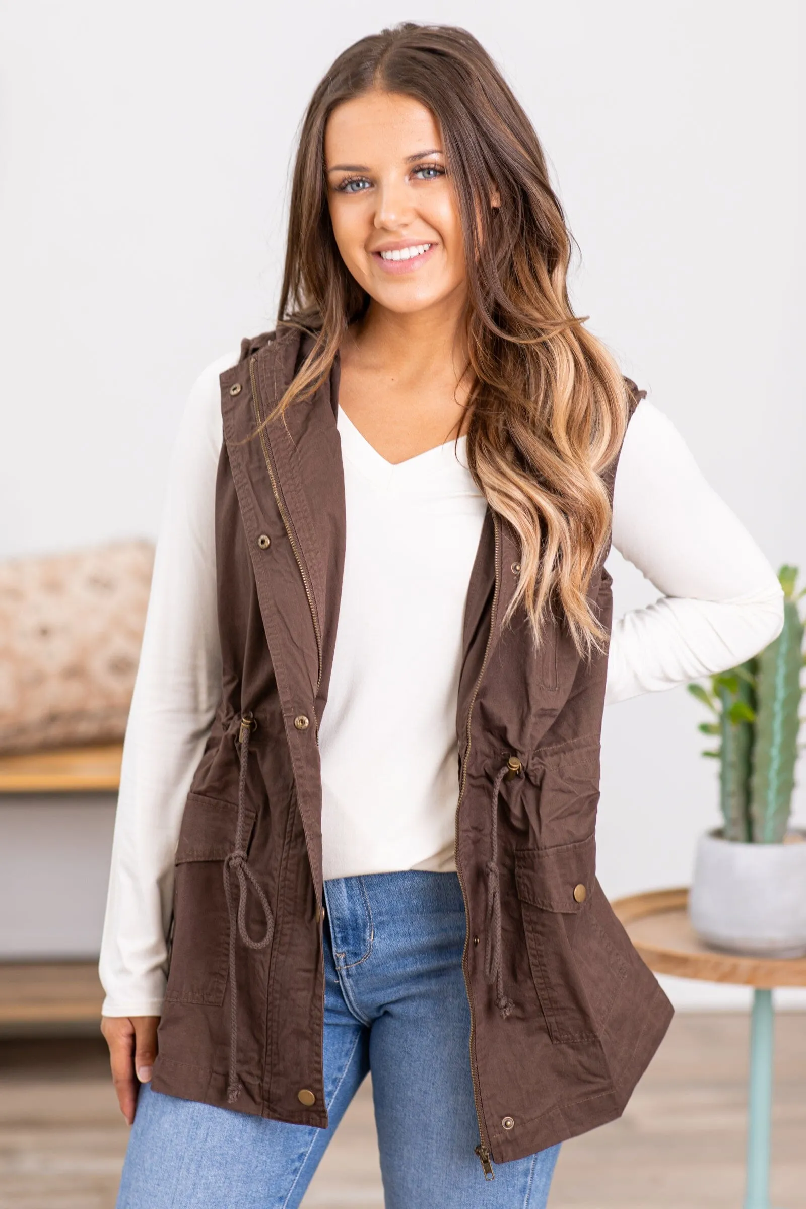 Brown Military Vest With Hood