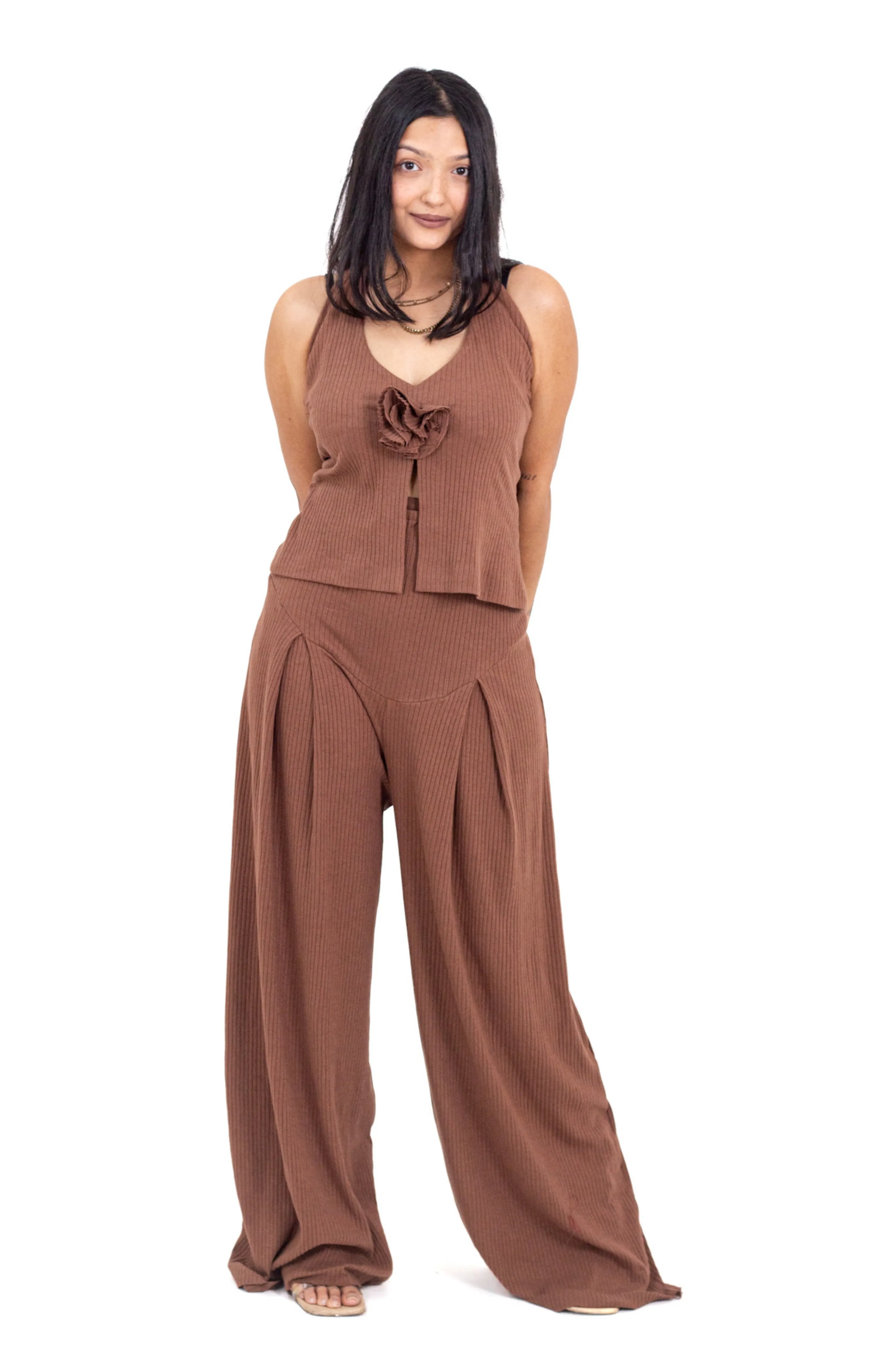 Brown Ribbed Corset Pants