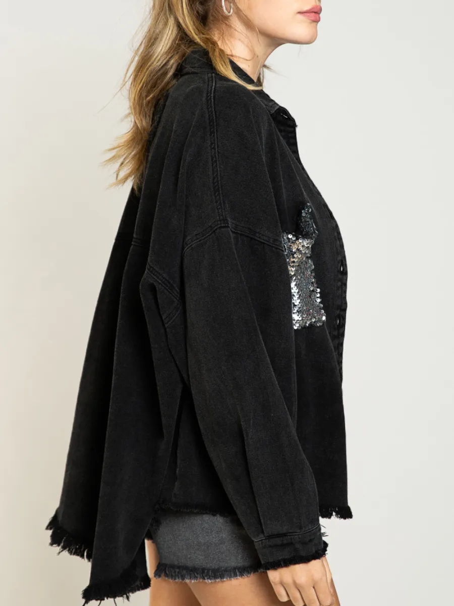 Bust Sequin Pocket Frayed Denim Shacket - Black