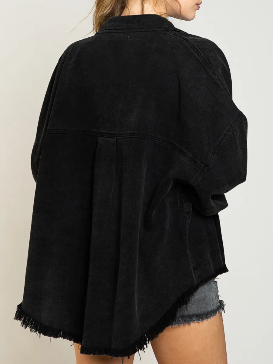 Bust Sequin Pocket Frayed Denim Shacket - Black