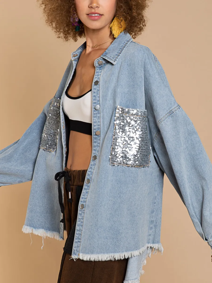 Bust Sequin Pocket Frayed Denim Shacket - Blue