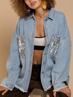 Bust Sequin Pocket Frayed Denim Shacket - Blue