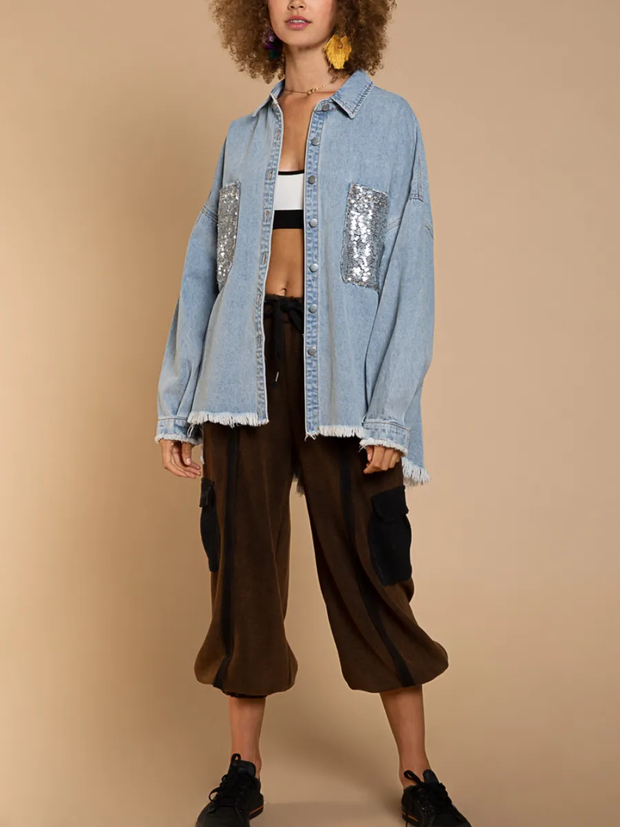Bust Sequin Pocket Frayed Denim Shacket - Blue