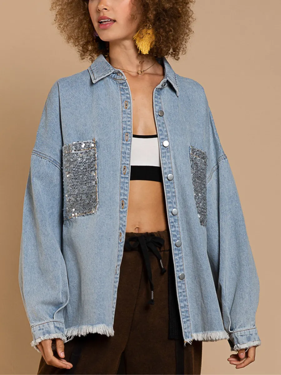 Bust Sequin Pocket Frayed Denim Shacket - Blue