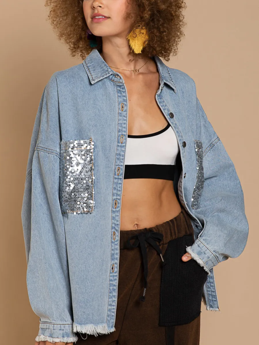 Bust Sequin Pocket Frayed Denim Shacket - Blue