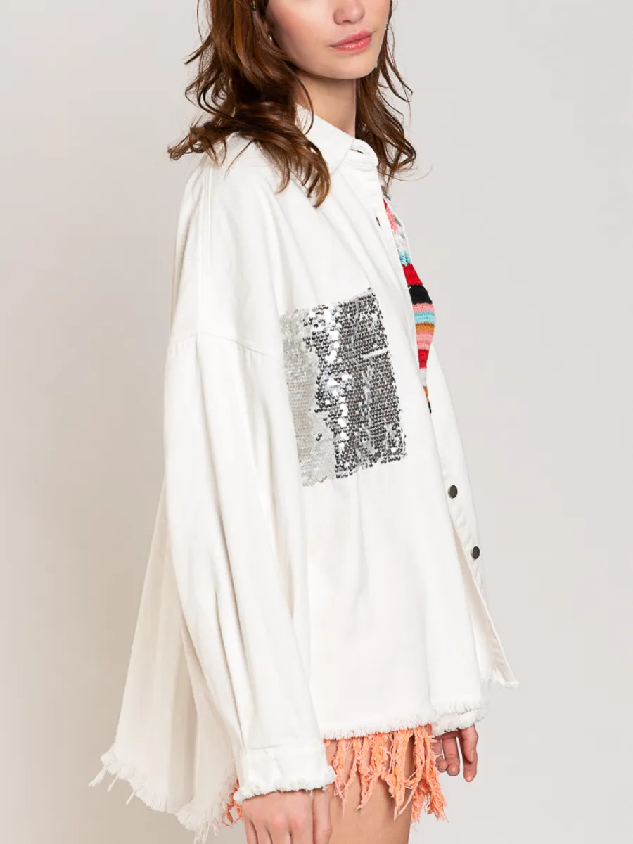 Bust Sequin Pocket Frayed Denim Shacket - White