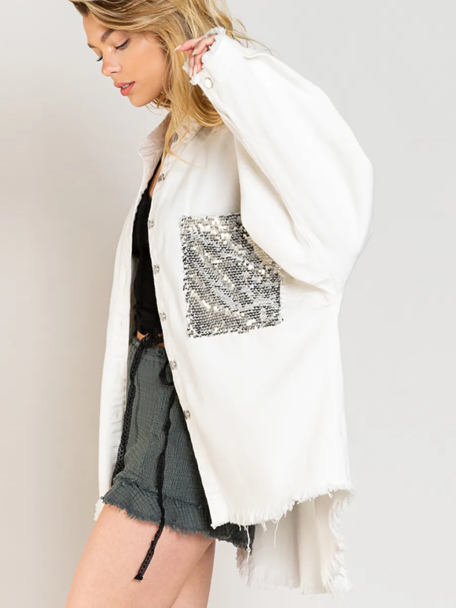 Bust Sequin Pocket Frayed Denim Shacket - White