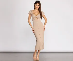 Button Down Tie Charming Front Midi Dress