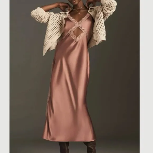 By Anthropologie Reversible Lace-Trimmed Sleep Slip Dress Wine Purple Maeve Maxi