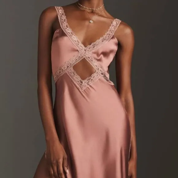 By Anthropologie Reversible Lace-Trimmed Sleep Slip Dress Wine Purple Maeve Maxi