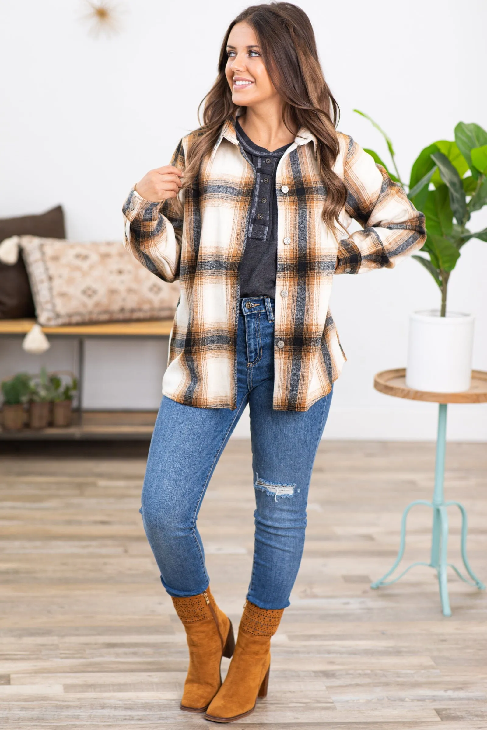 Camel and Off White Plaid Shacket