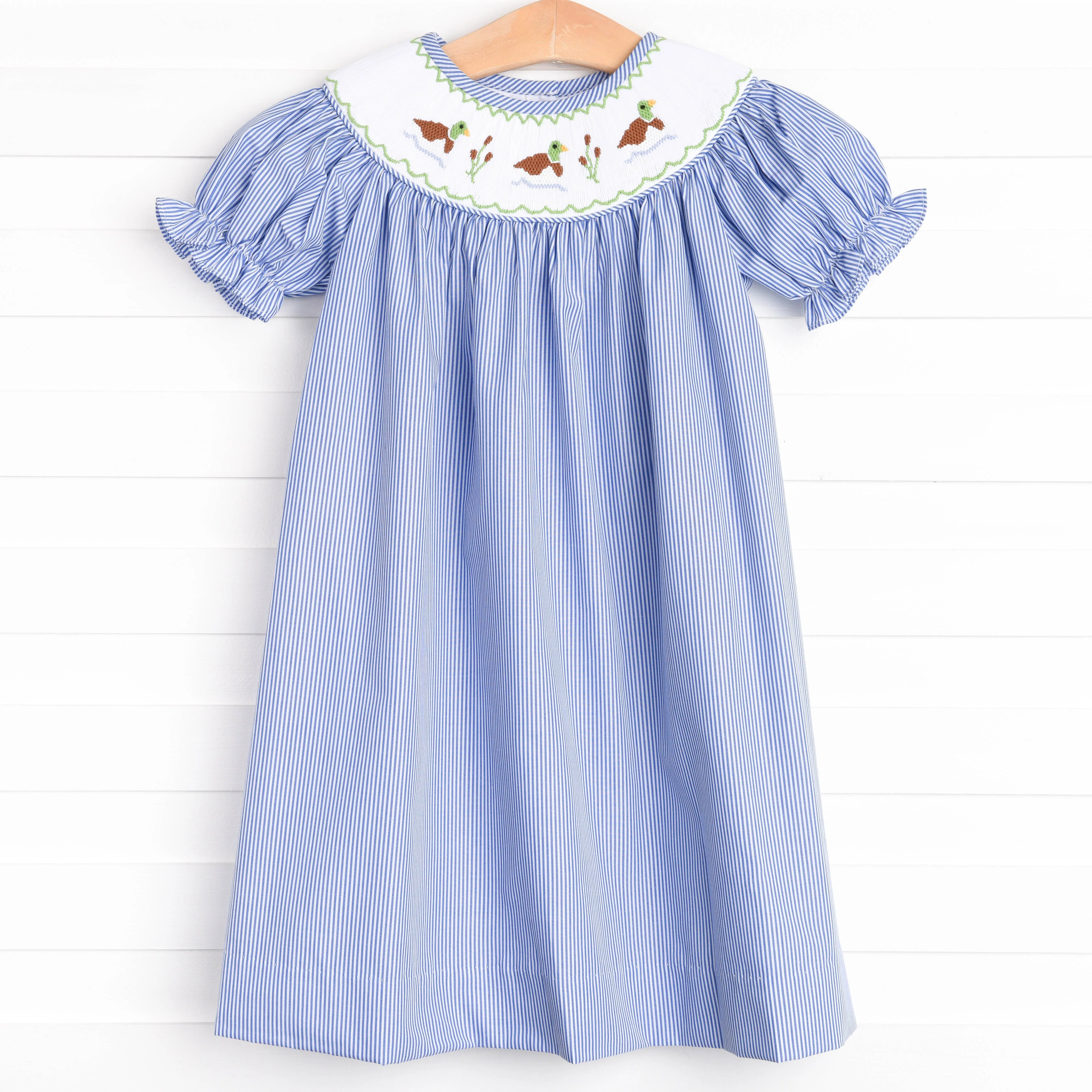 Cattail Cuties Smocked Bishop Dress, Navy Stripe