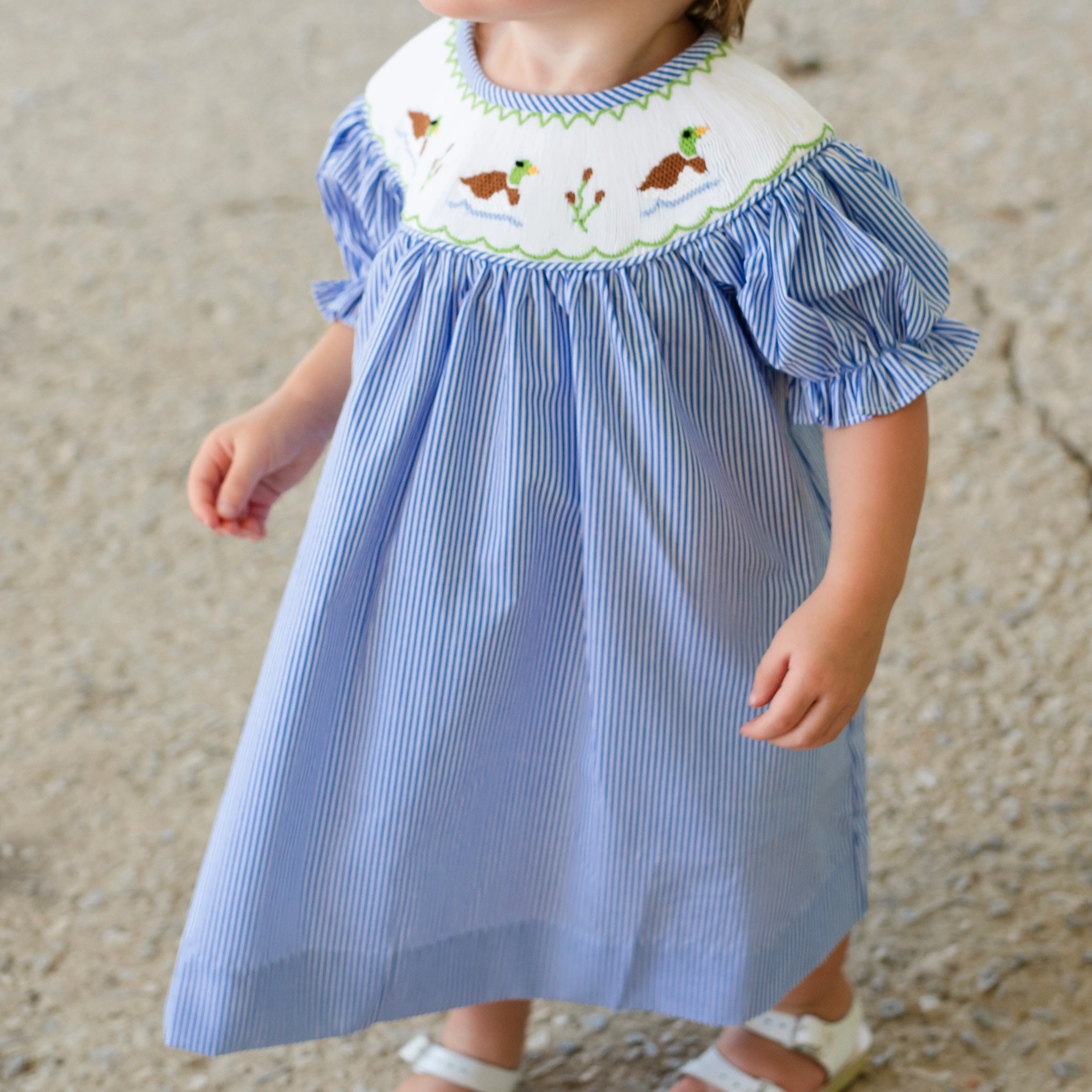 Cattail Cuties Smocked Bishop Dress, Navy Stripe