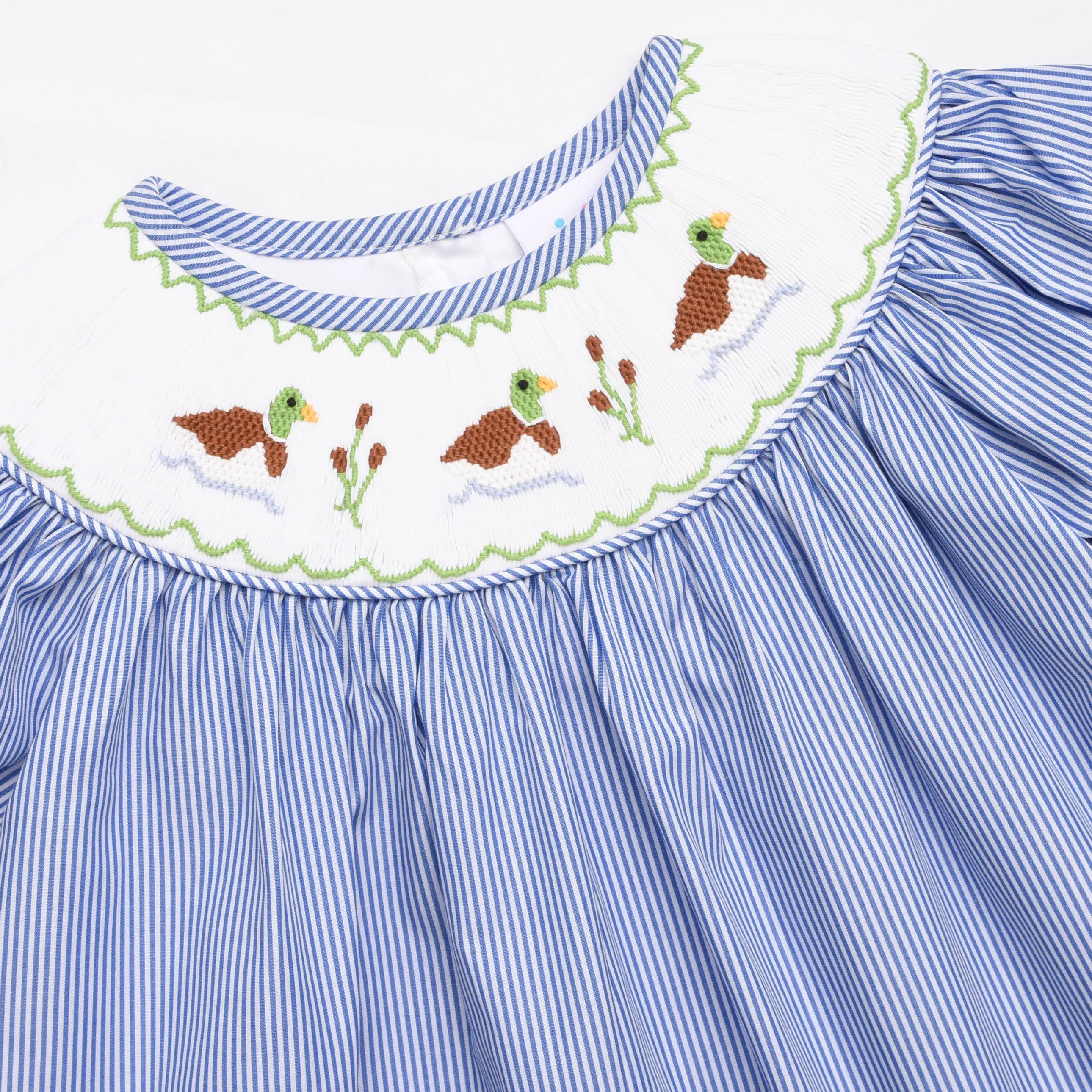 Cattail Cuties Smocked Bishop Dress, Navy Stripe