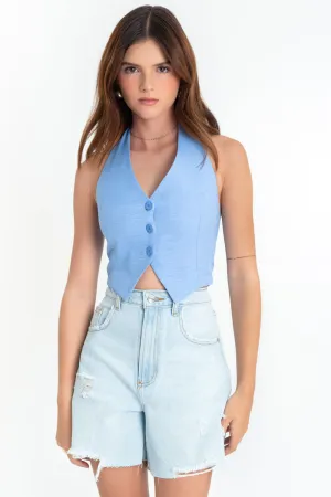Chaleco corto halter ajustado plisados espalda