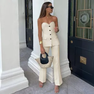 Chic Strapless Suit with Wide-Leg Trousers
