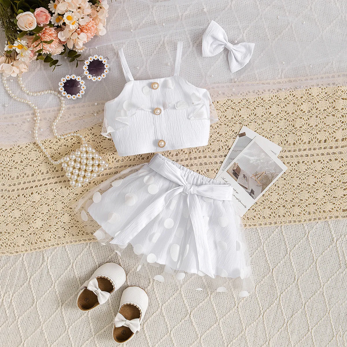 Children, fashionable polka dot camisole vests, mesh skirts, multi-piece suits