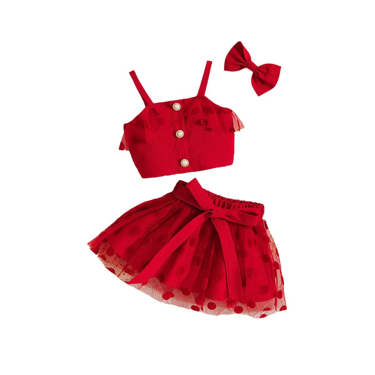 Children, fashionable polka dot camisole vests, mesh skirts, multi-piece suits