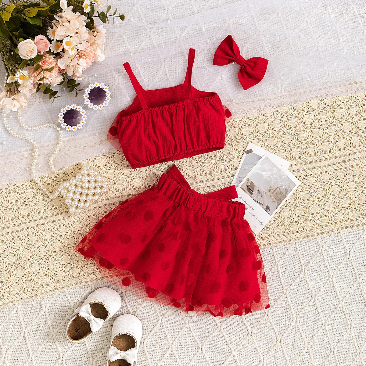Children, fashionable polka dot camisole vests, mesh skirts, multi-piece suits