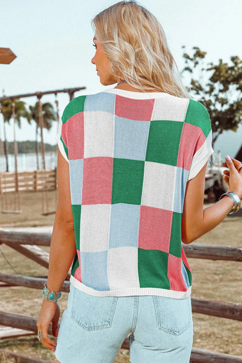 Color Block Cap Sleeve Sweater Vest Top P3014