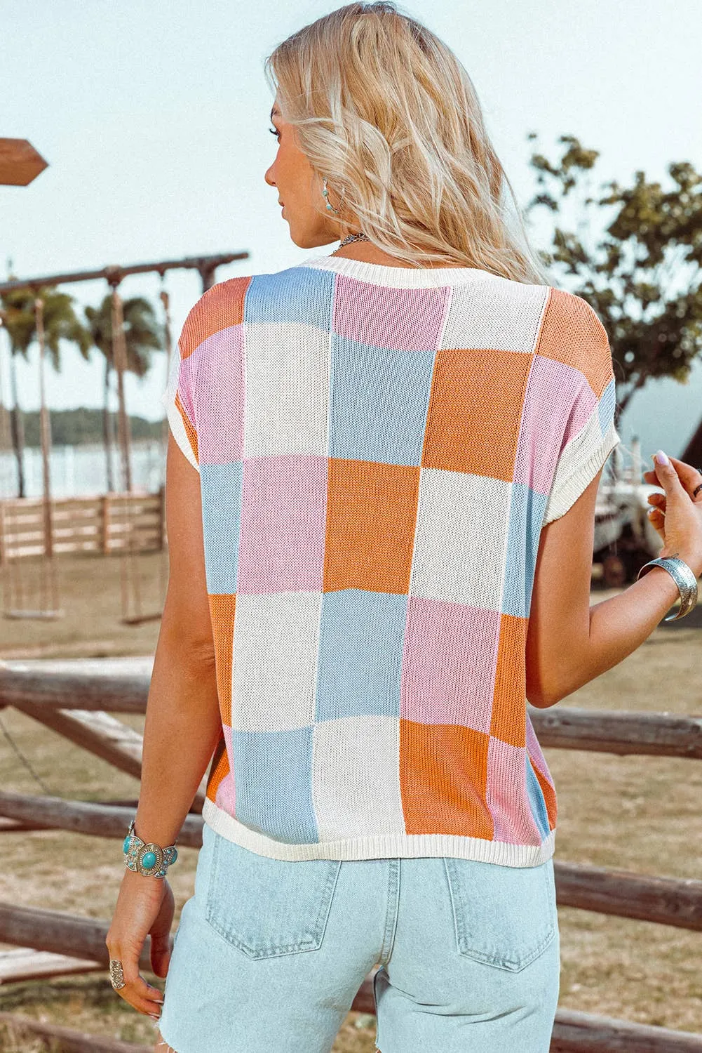 Color Block Cap Sleeve Sweater Vest Top P3014