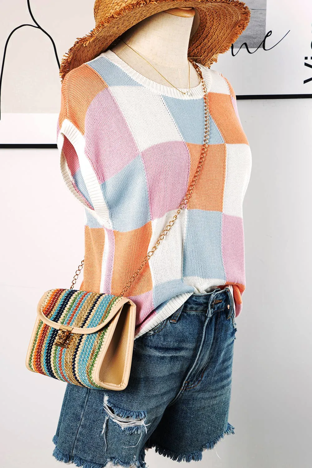 Color Block Cap Sleeve Sweater Vest Top P3014