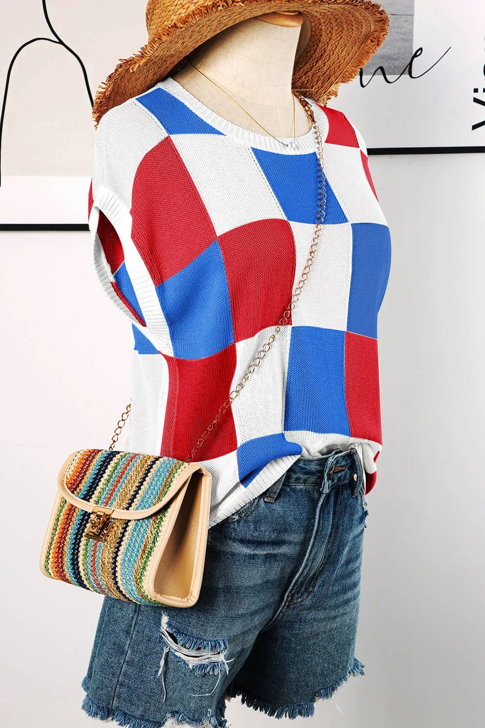 Color Block Cap Sleeve Sweater Vest Top P3014