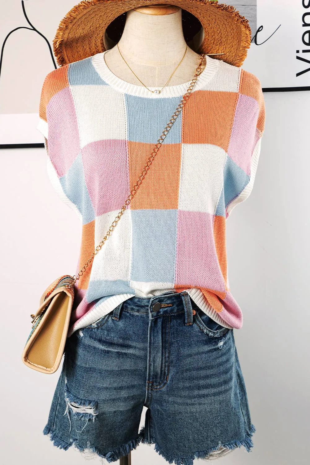 Color Block Cap Sleeve Sweater Vest Top P3014