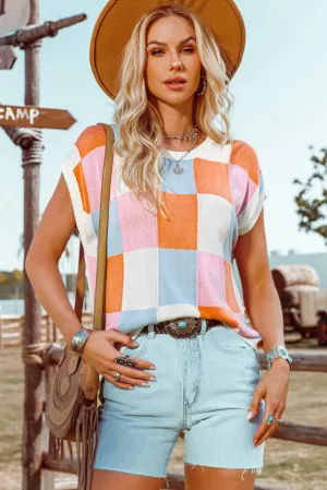 Color Block Cap Sleeve Sweater Vest Top P3014