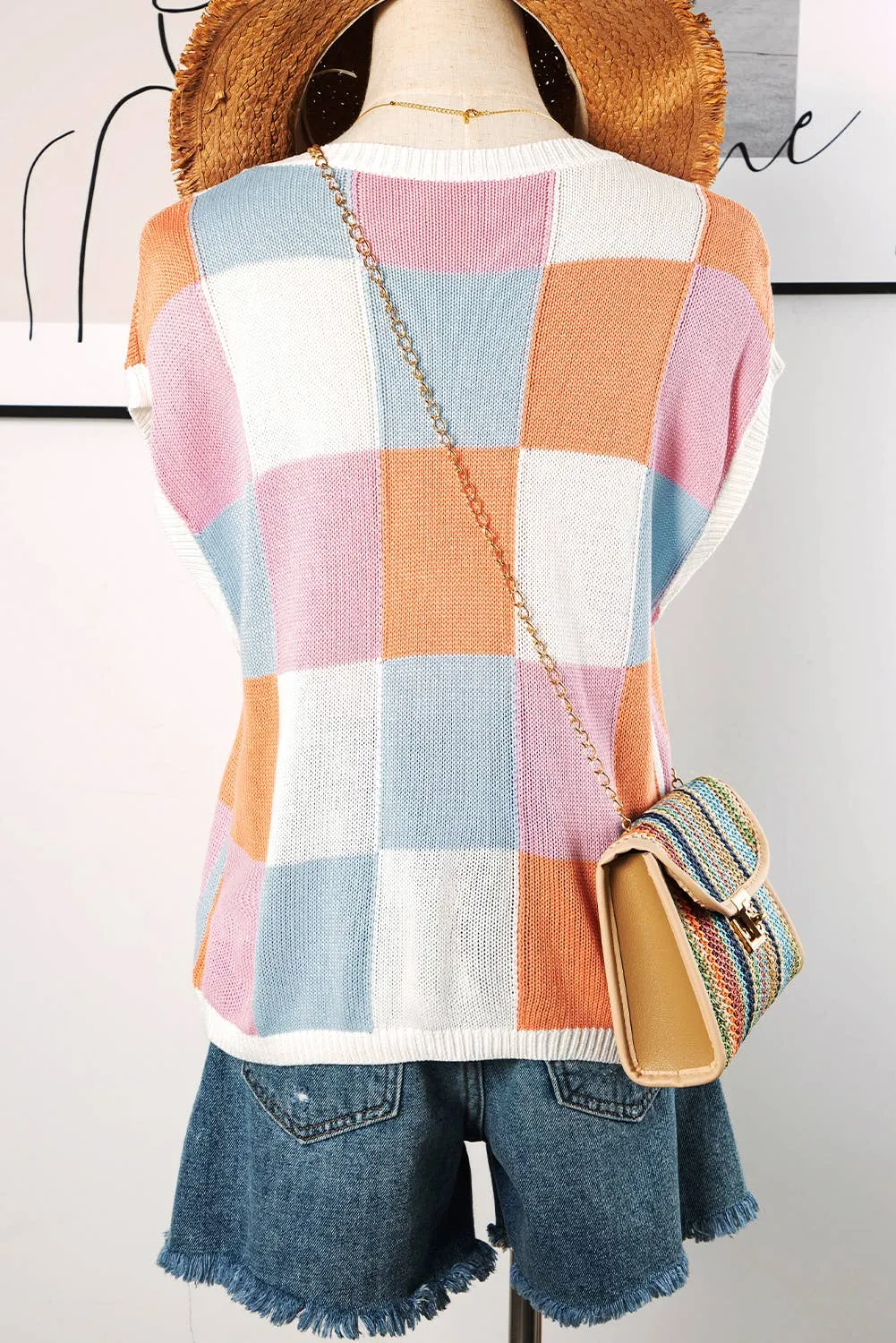 Color Block Cap Sleeve Sweater Vest Top P3014