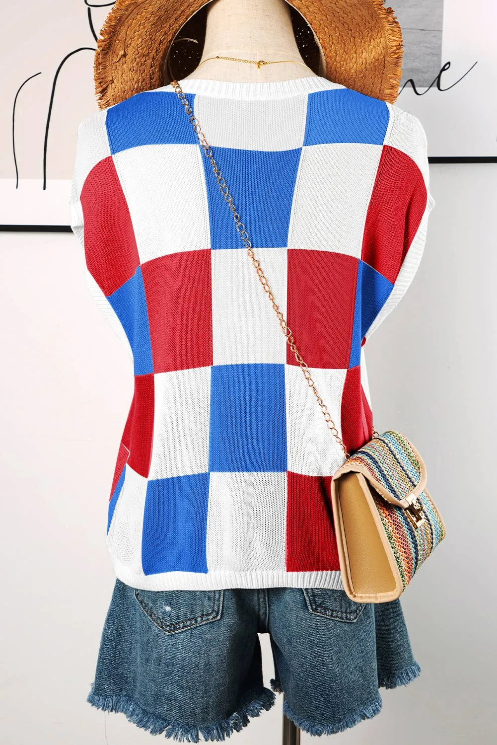 Color Block Cap Sleeve Sweater Vest Top P3014