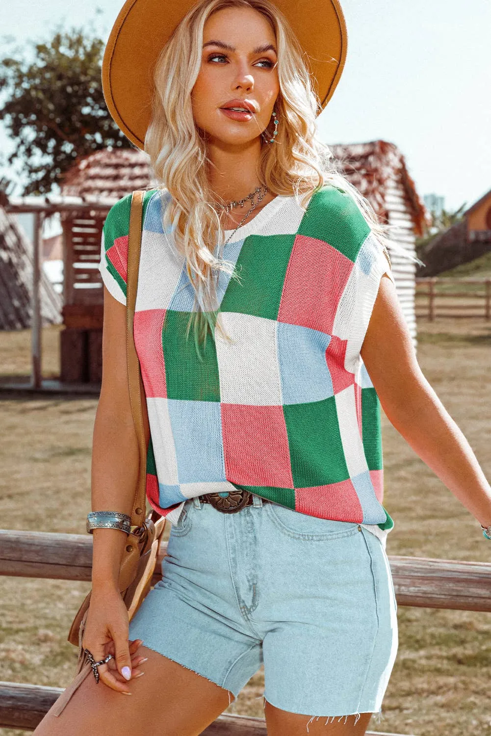 Color Block Cap Sleeve Sweater Vest Top P3014
