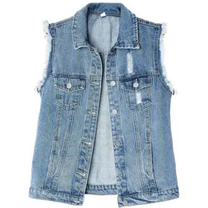Colorful Slim Fit Sleeveless Distressed Denim Jean Vest for Women