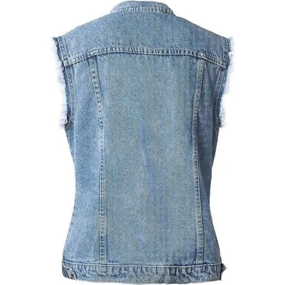 Colorful Slim Fit Sleeveless Distressed Denim Jean Vest for Women
