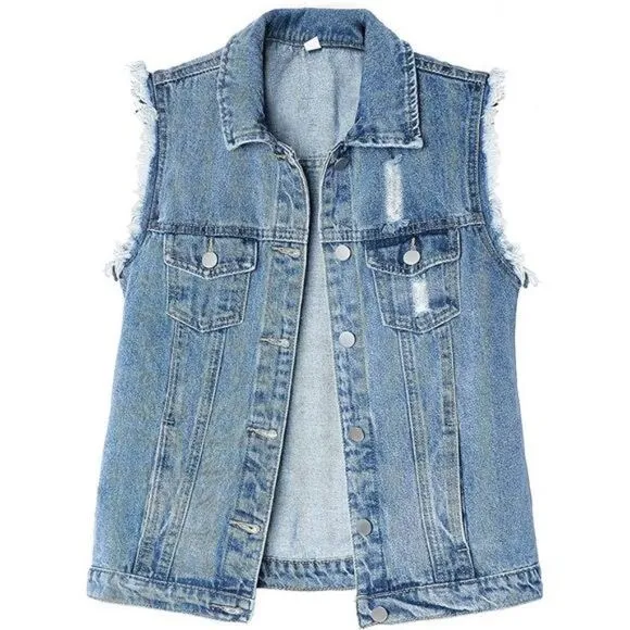 Colorful Slim Fit Sleeveless Distressed Denim Jean Vest for Women