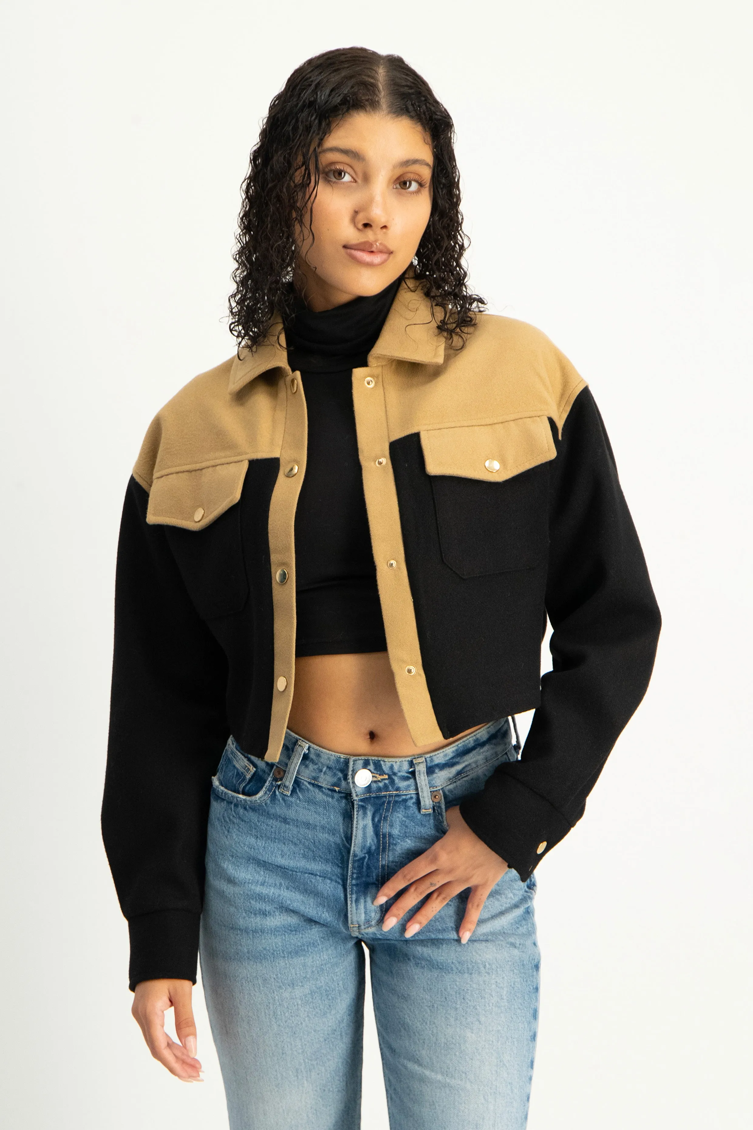 Colourblock Cropped Melton Shacket