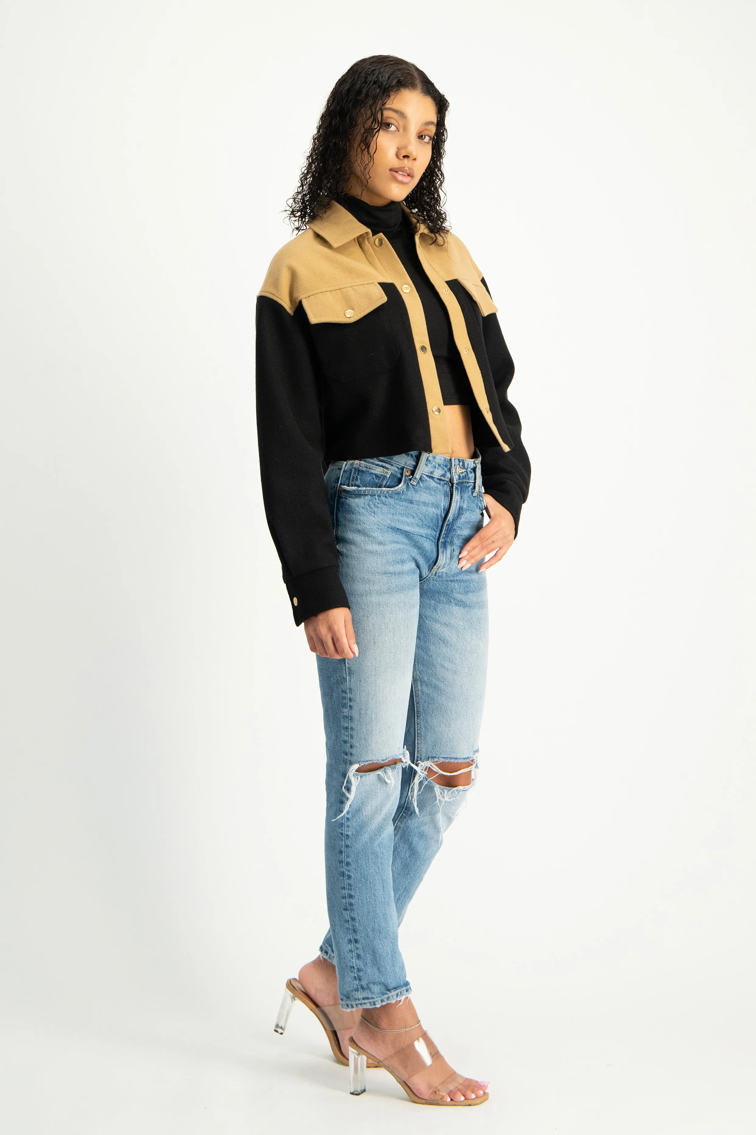 Colourblock Cropped Melton Shacket