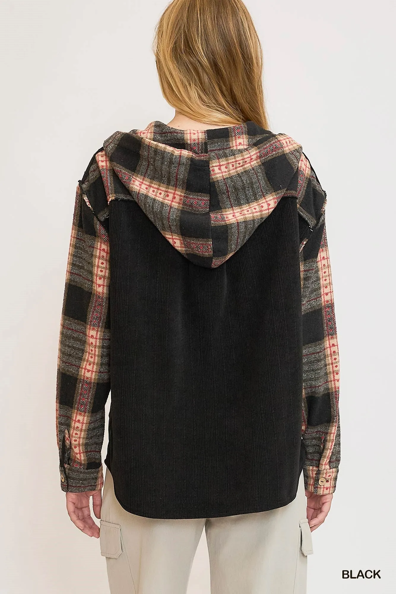 Corduroy Shacket with Plaid Details