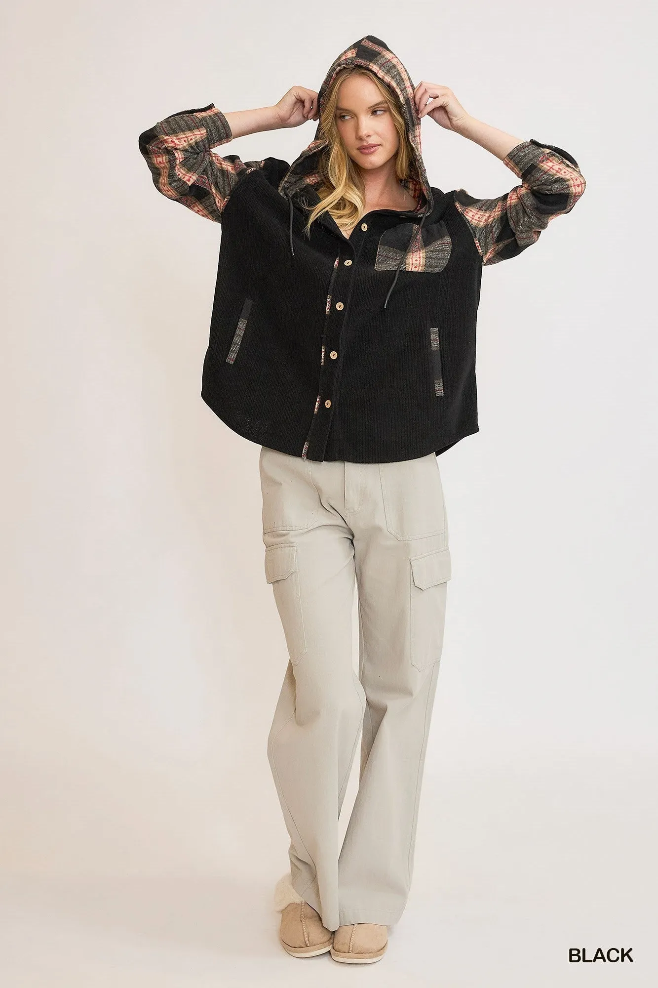 Corduroy Shacket with Plaid Details