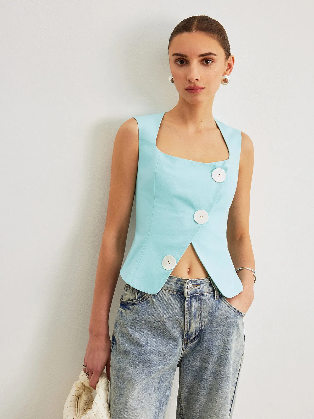 Cotton & Linen Asymmetrical Design Sleeveless Vest