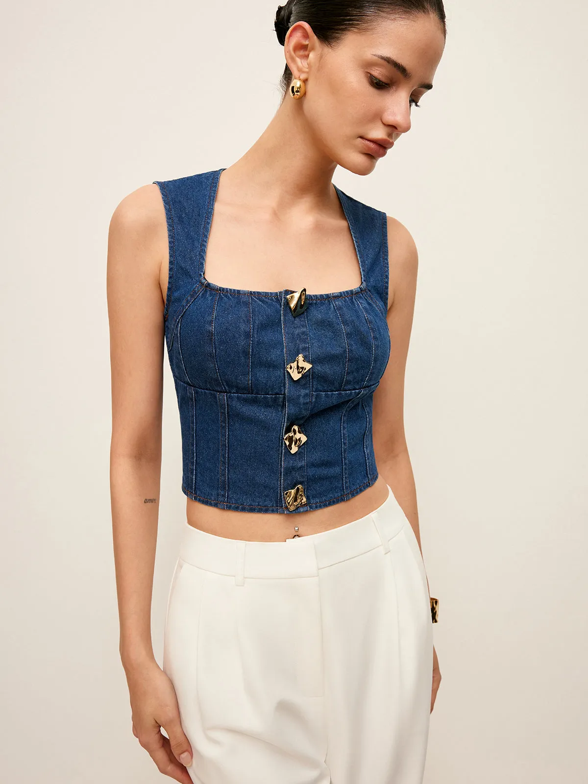Cotton Square Neck Button Detail Denim Top