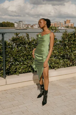 Cowl Neck Strap Slip Midi Dress with Side Slit