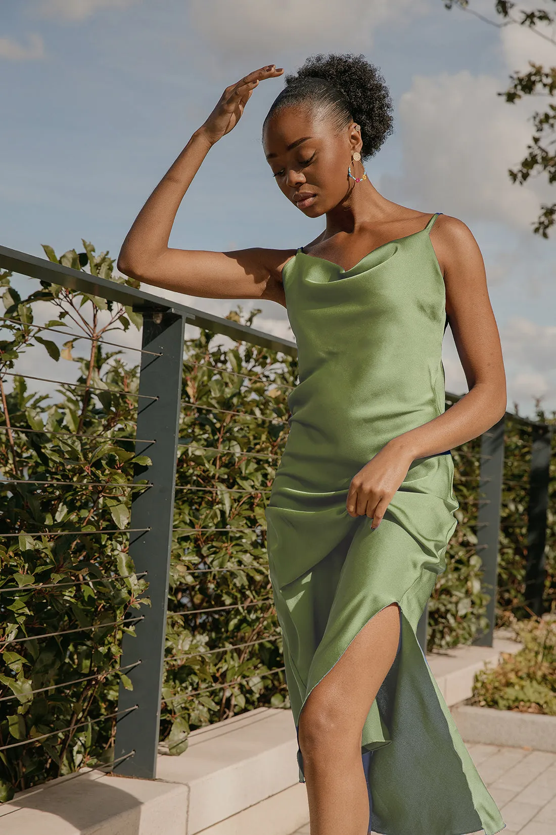 Cowl Neck Strap Slip Midi Dress with Side Slit