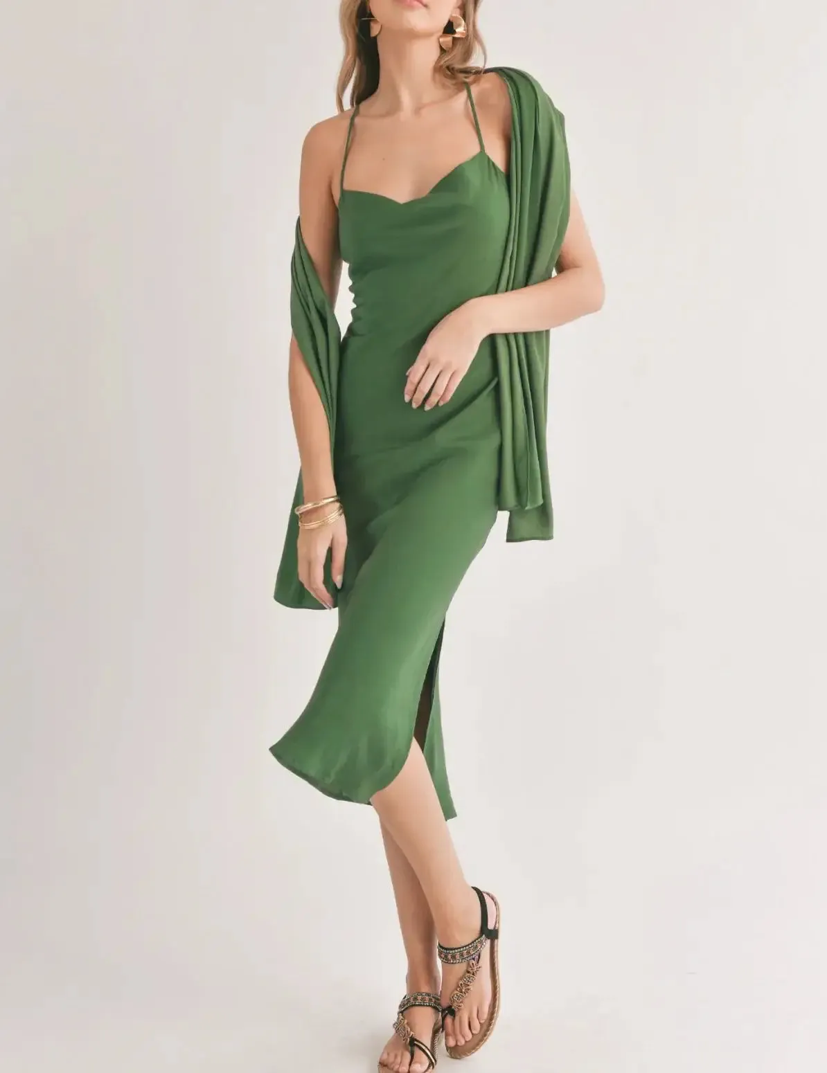 COWL NECKLINE MIDI DRESS WITH SHAWL