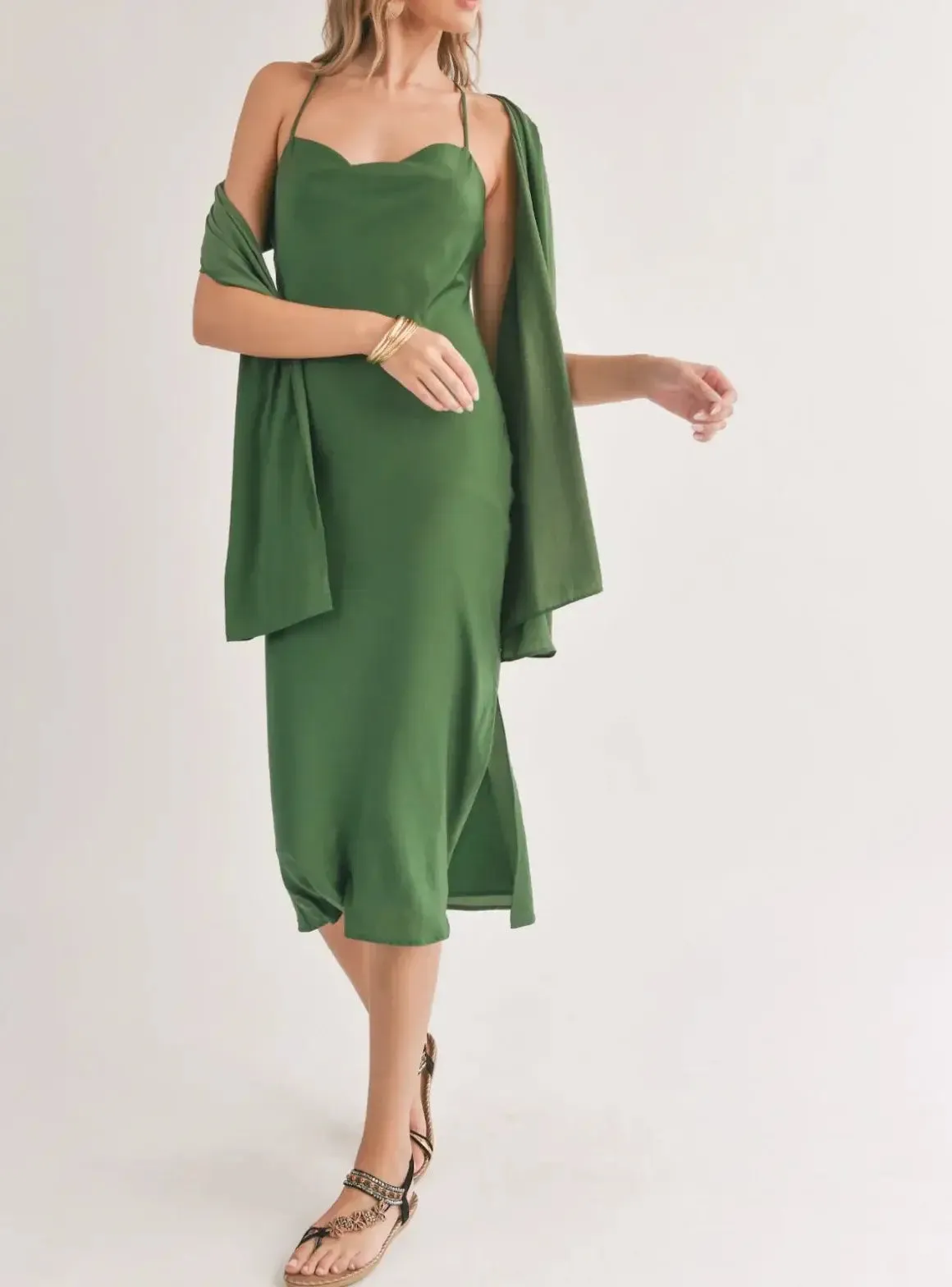 COWL NECKLINE MIDI DRESS WITH SHAWL