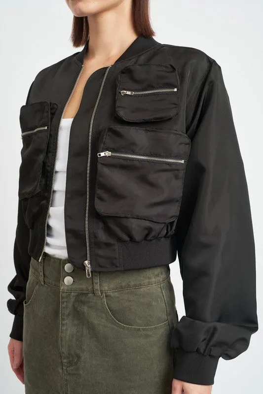 Cropped Satin Cargo Bomber Jacket